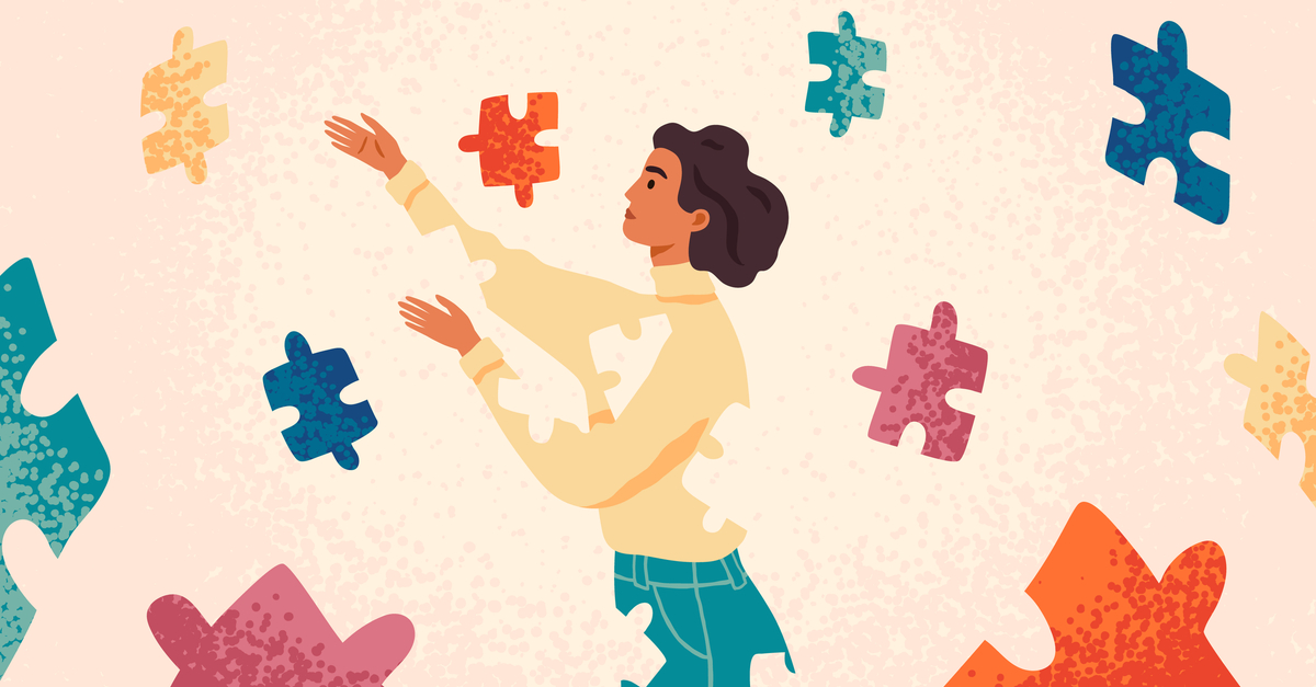 An illustration of an unhappy woman trying to catch floating multi-colored puzzle pieces flying around her.
