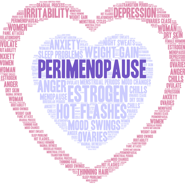 A heart shape made from words listing all the symptoms of perimenopause in layers, with Perimenopause written in the middle